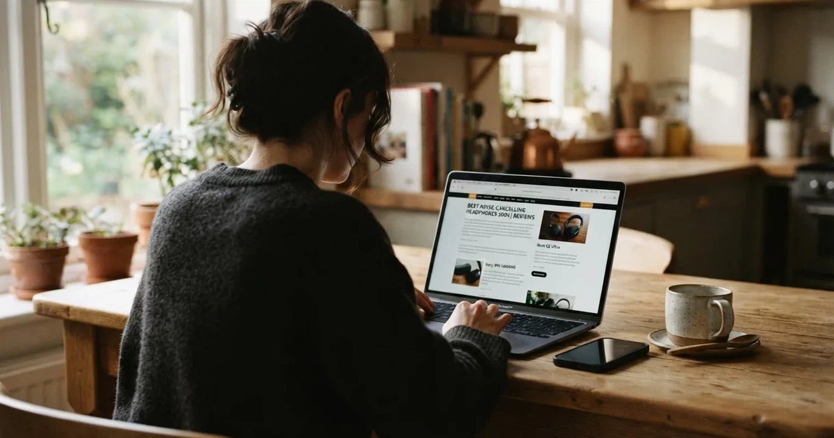 A person at a kitchen table scrolling through review pages on a laptop, phone face-down beside them.