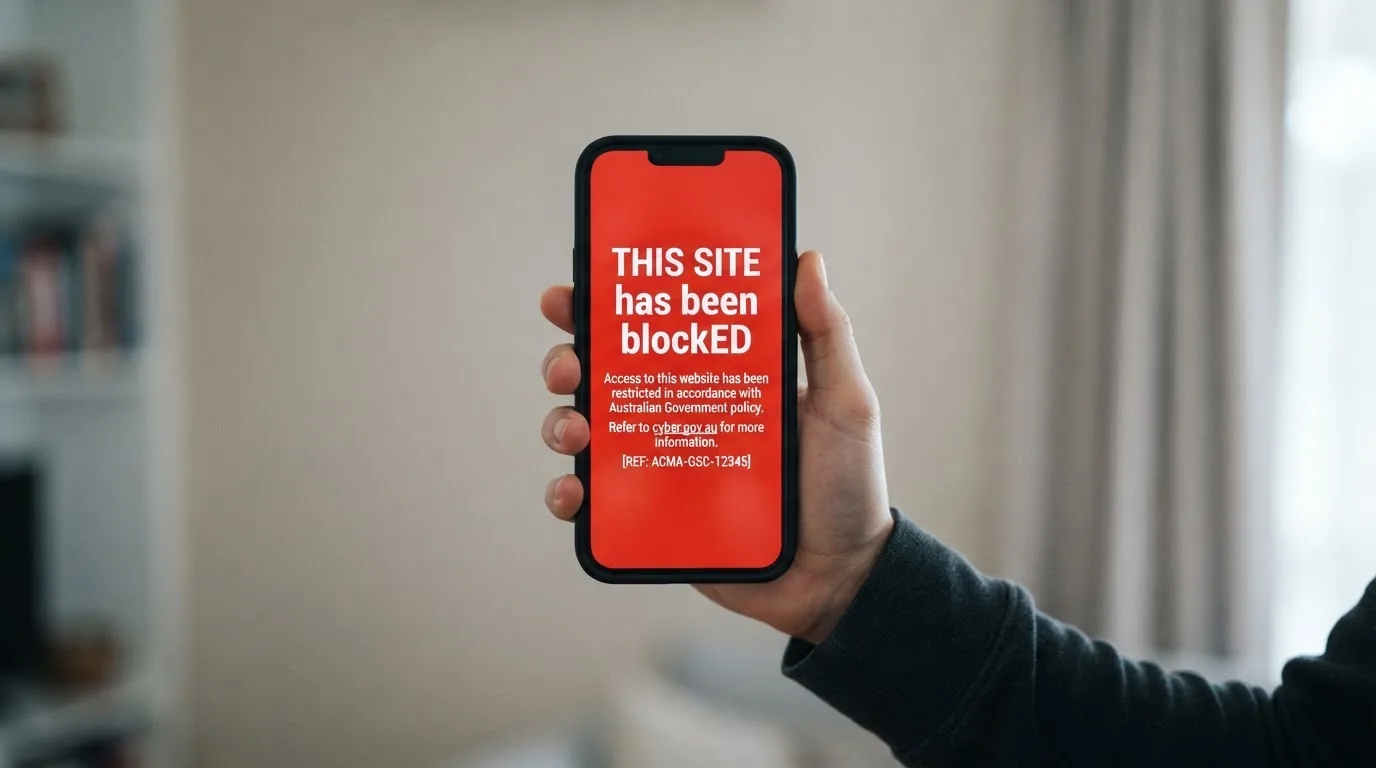 A smartphone screen showing a plain government warning notice about a blocked website, held against a blurred background.