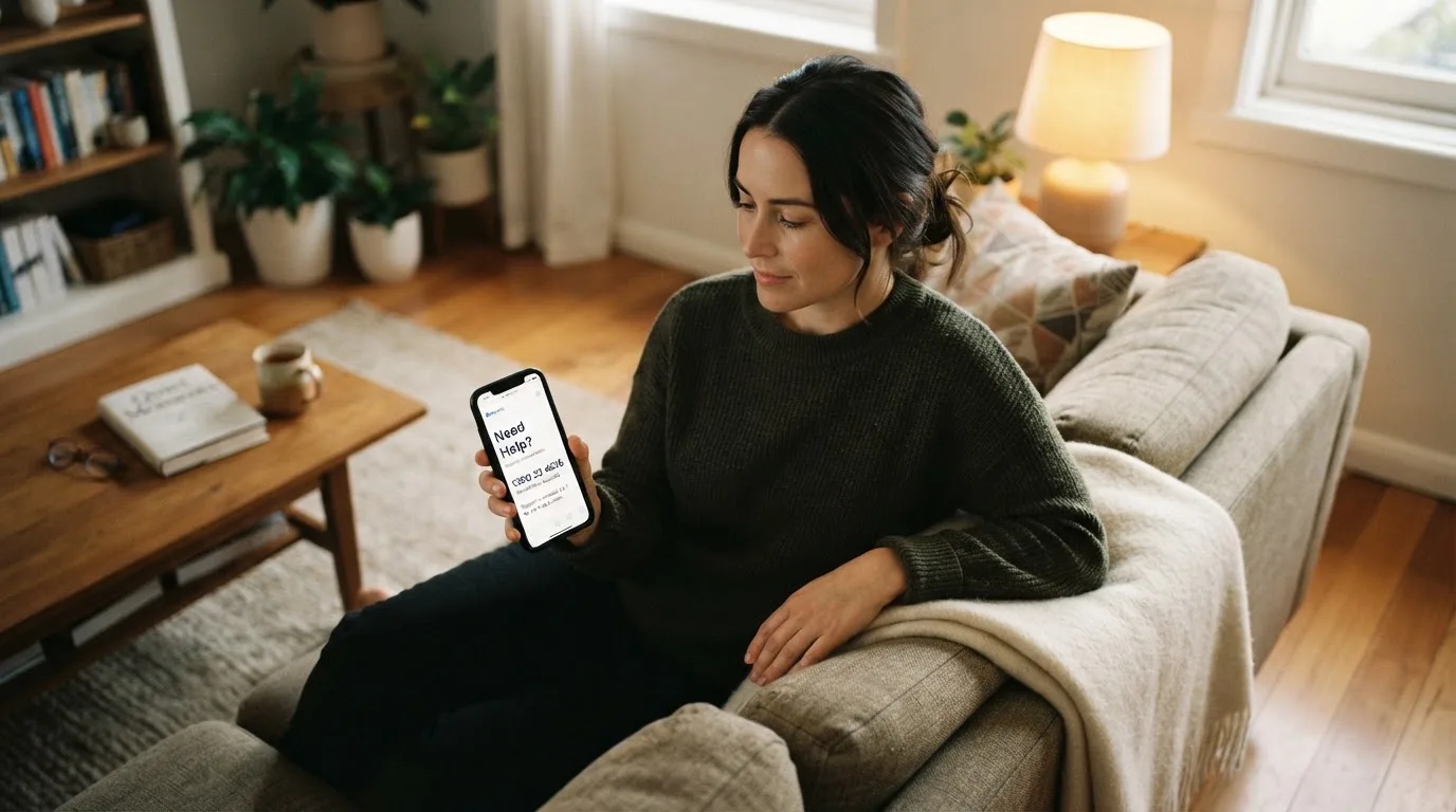 A person sitting calmly with a phone open to a support helpline page, no gaming screen visible.