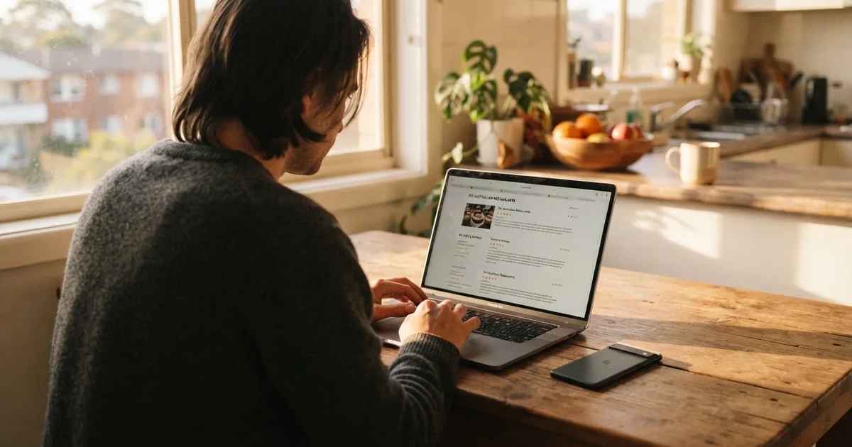 A person at a kitchen table scrolling through review pages on a laptop, phone face-down beside them.