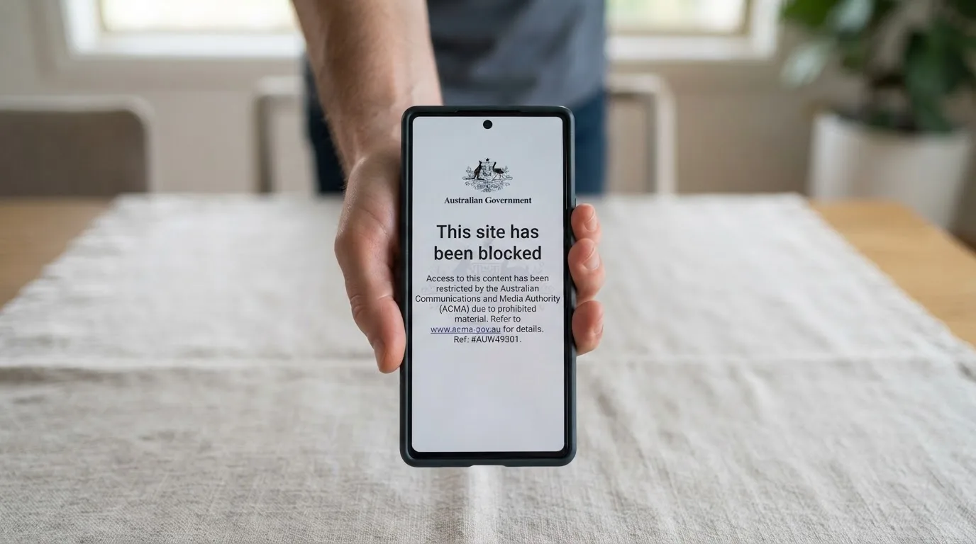 A smartphone screen showing a plain government warning notice about a blocked website, held against a blurred background.