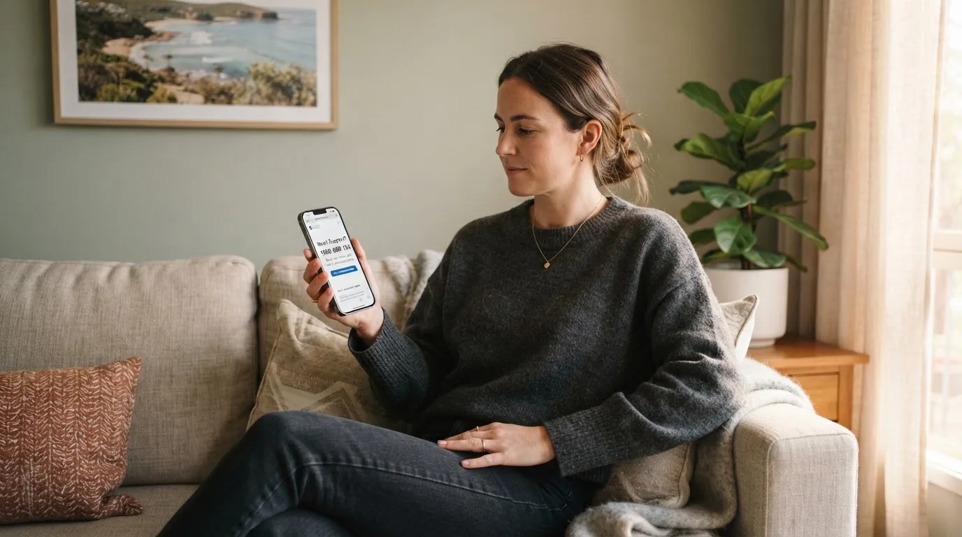 A person sitting calmly with a phone open to a support helpline page, no gaming screen visible.