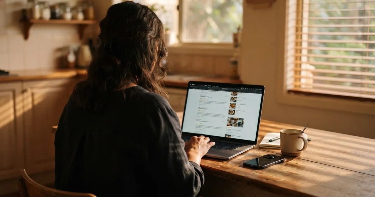 A person at a kitchen table scrolling through review pages on a laptop, phone face-down beside them.