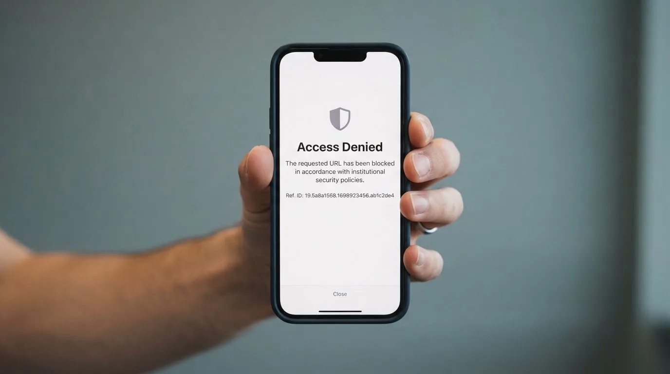 A smartphone screen showing a plain government warning notice about a blocked website, held against a blurred background.