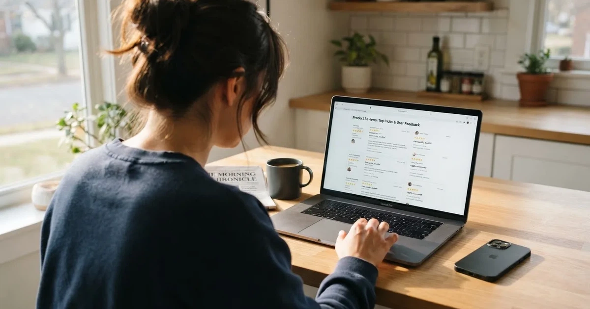 A person at a kitchen table scrolling through review pages on a laptop, phone face-down beside them.