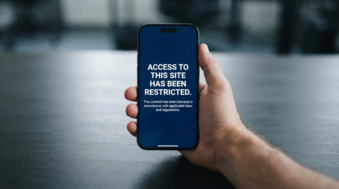 A smartphone screen showing a plain government warning notice about a blocked website, held against a blurred background.
