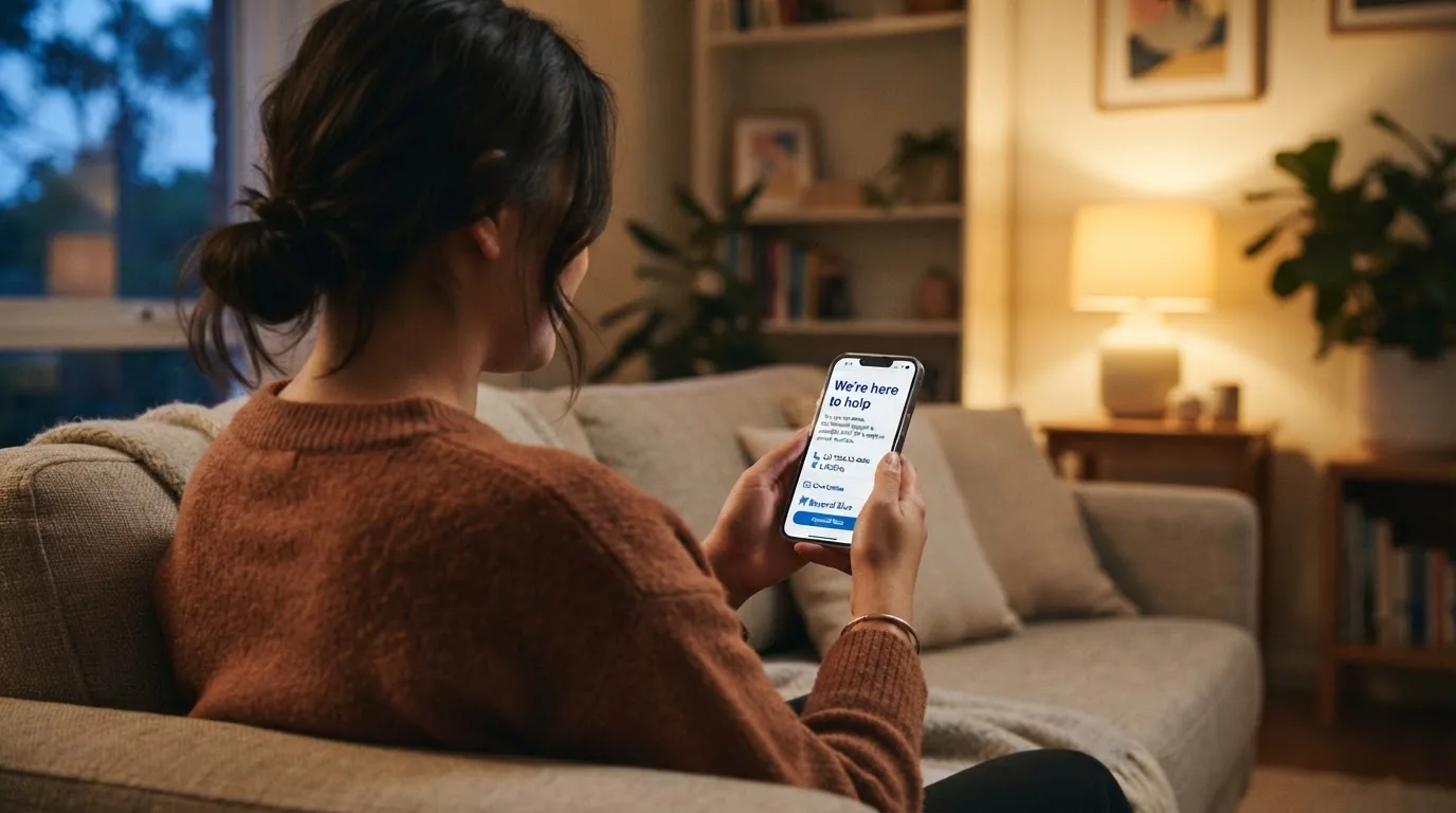 A person sitting calmly with a phone open to a support helpline page, no gaming screen visible.