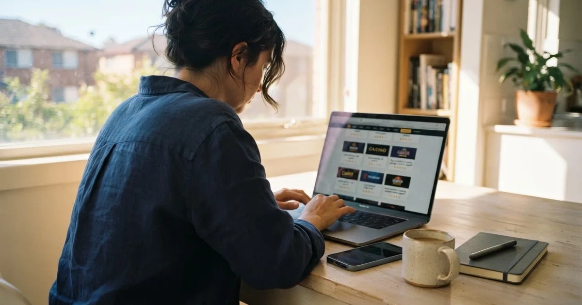 A person at a kitchen table scrolling through review pages on a laptop, phone face-down beside them.