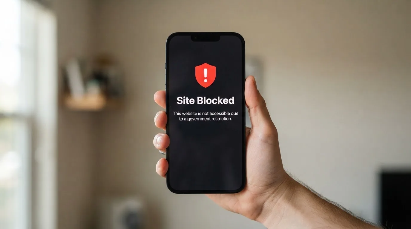 A smartphone screen showing a plain government warning notice about a blocked website, held against a blurred background.