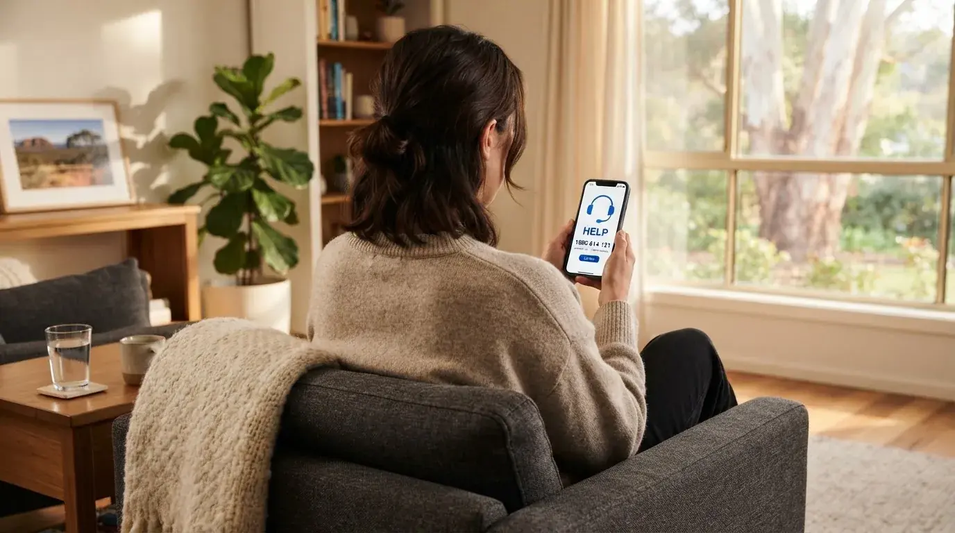 A person sitting calmly with a phone open to a support helpline page, no gaming screen visible.