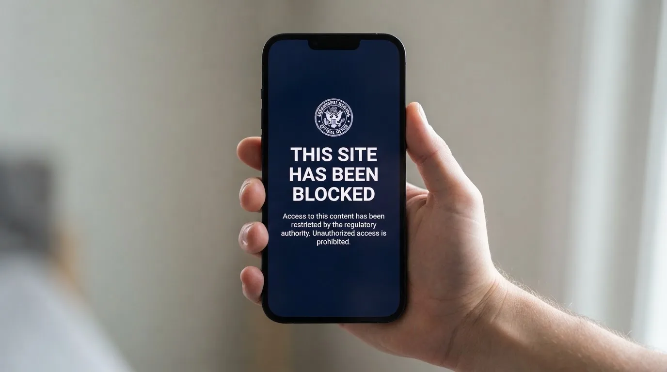 A smartphone screen showing a plain government warning notice about a blocked website, held against a blurred background.