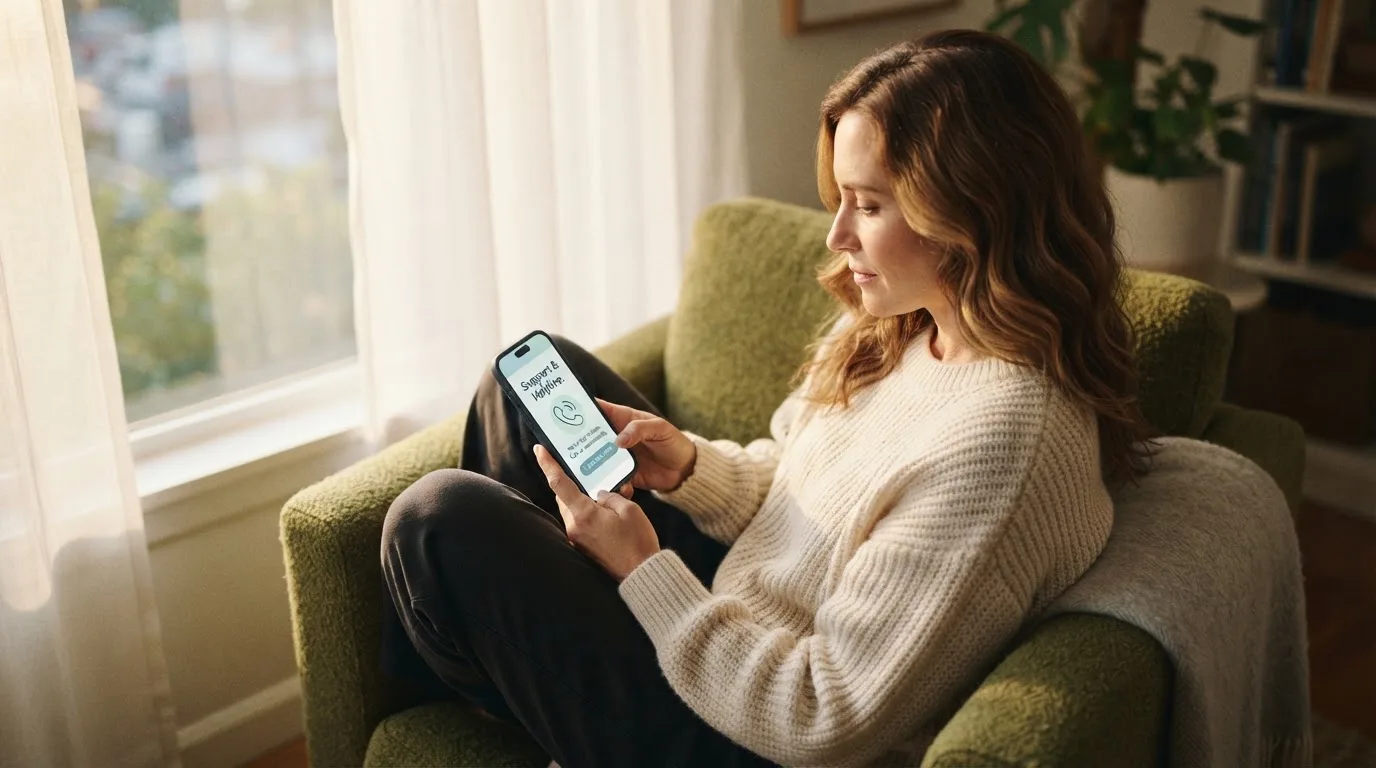 A person sitting calmly with a phone open to a support helpline page, no gaming screen visible.