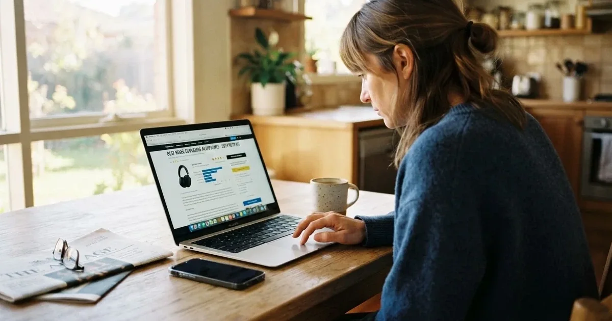 A person at a kitchen table scrolling through review pages on a laptop, phone face-down beside them.