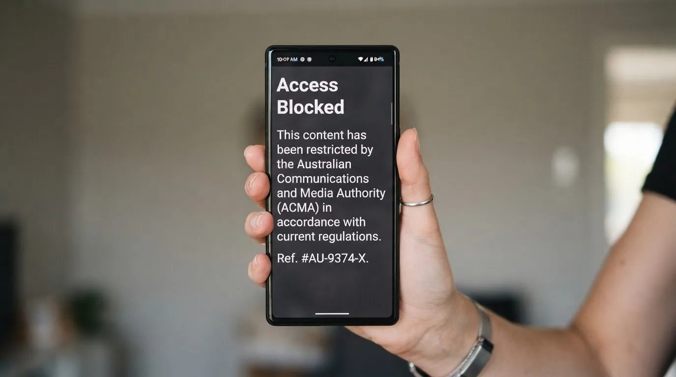 A smartphone screen showing a plain government warning notice about a blocked website, held against a blurred background.