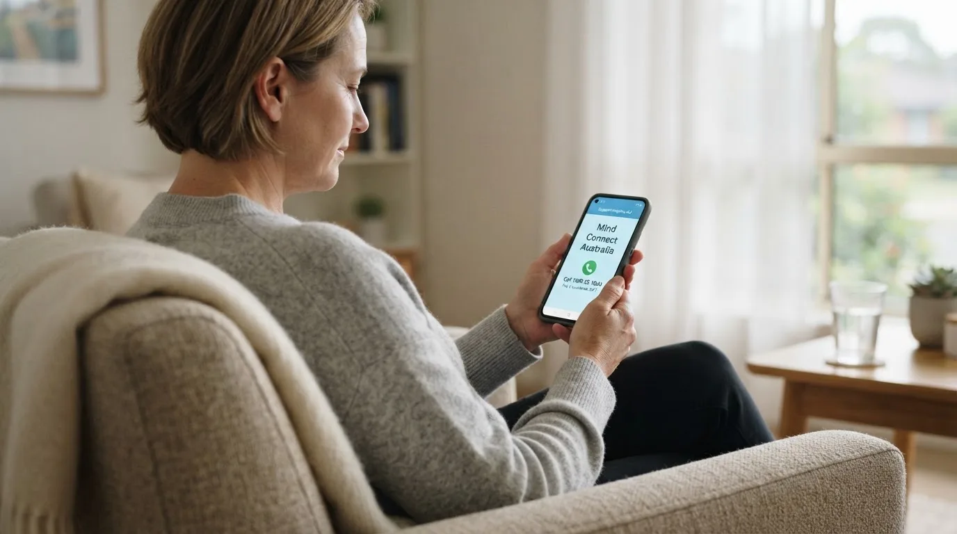 A person sitting calmly with a phone open to a support helpline page, no gaming screen visible.