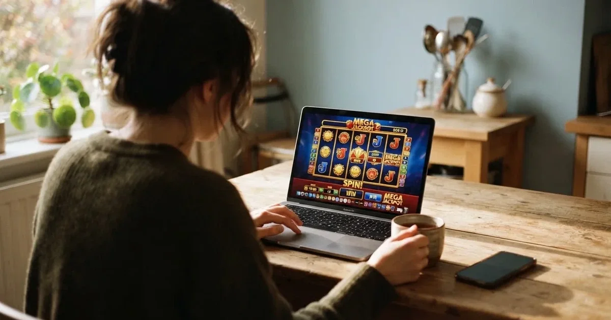A person at a kitchen table scrolling through review pages on a laptop, phone face-down beside them.
