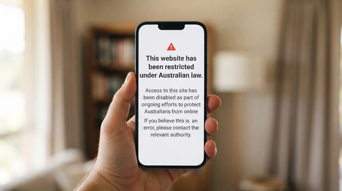 A smartphone screen showing a plain government warning notice about a blocked website, held against a blurred background.