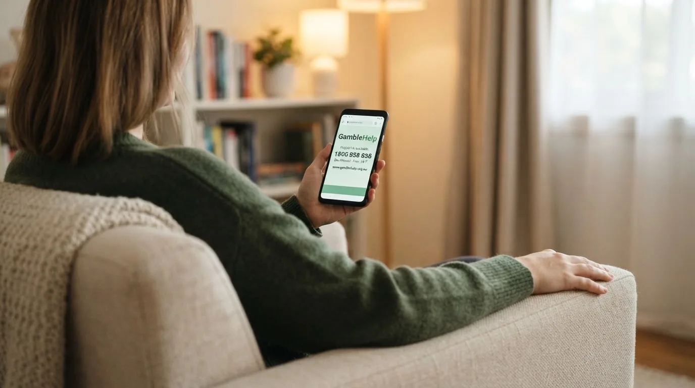 A person sitting calmly with a phone open to a support helpline page, no gaming screen visible.