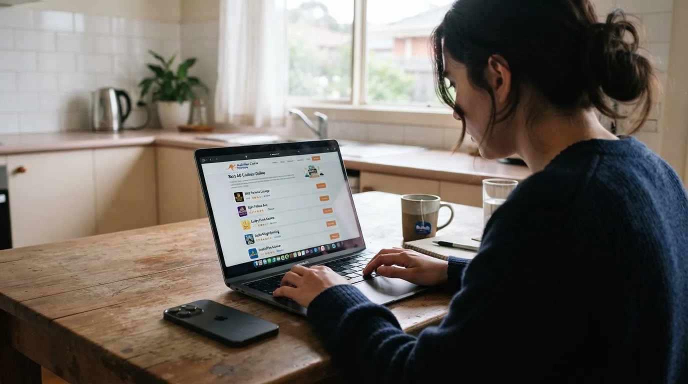 A person at a kitchen table scrolling through review pages on a laptop, phone face-down beside them.
