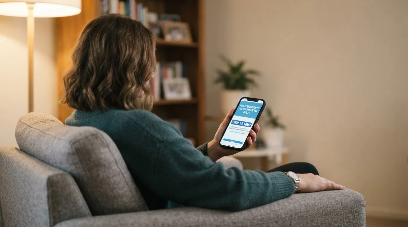 A person sitting calmly with a phone open to a support helpline page, no gaming screen visible.