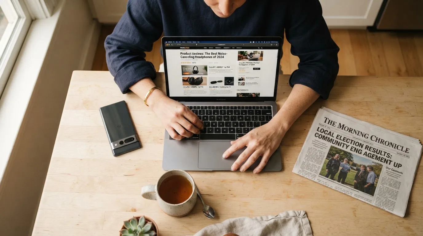 A person at a kitchen table scrolling through review pages on a laptop, phone face-down beside them.