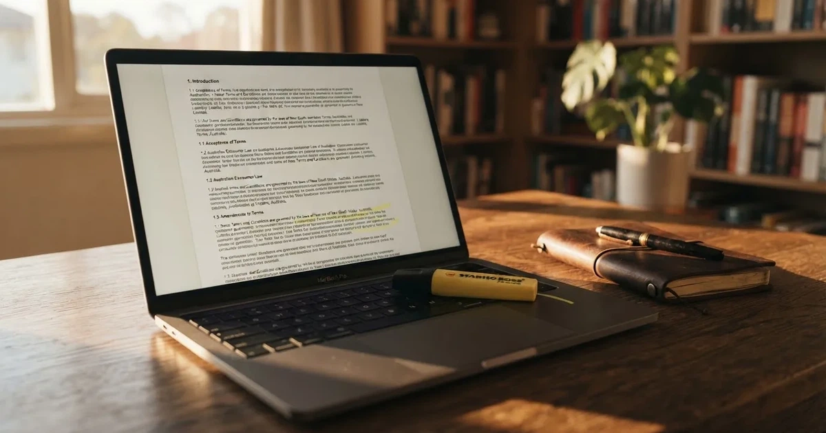 A laptop screen showing a page of terms and conditions text with a highlighter resting nearby.
