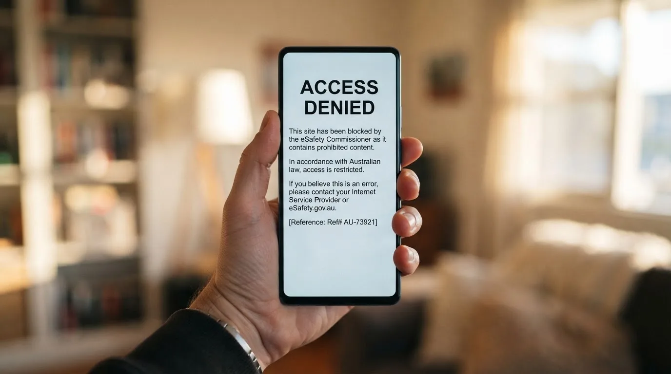 A smartphone screen showing a plain government warning notice about a blocked website, held against a blurred background.