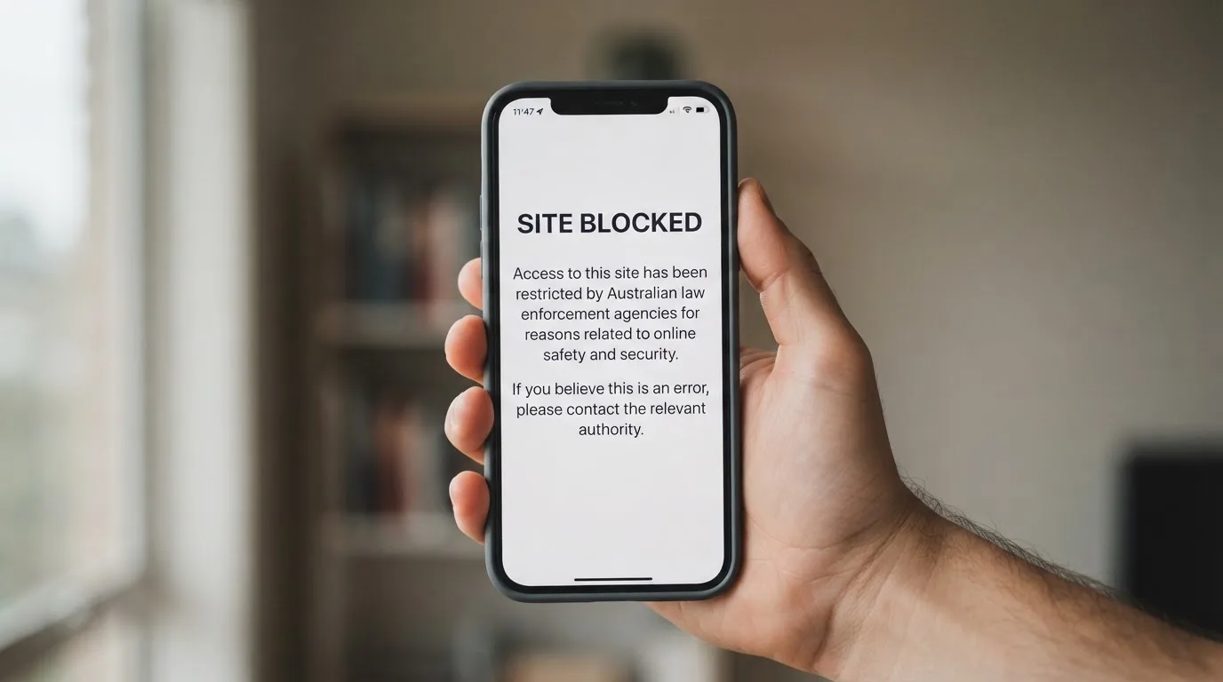 A smartphone screen showing a plain government warning notice about a blocked website, held against a blurred background.