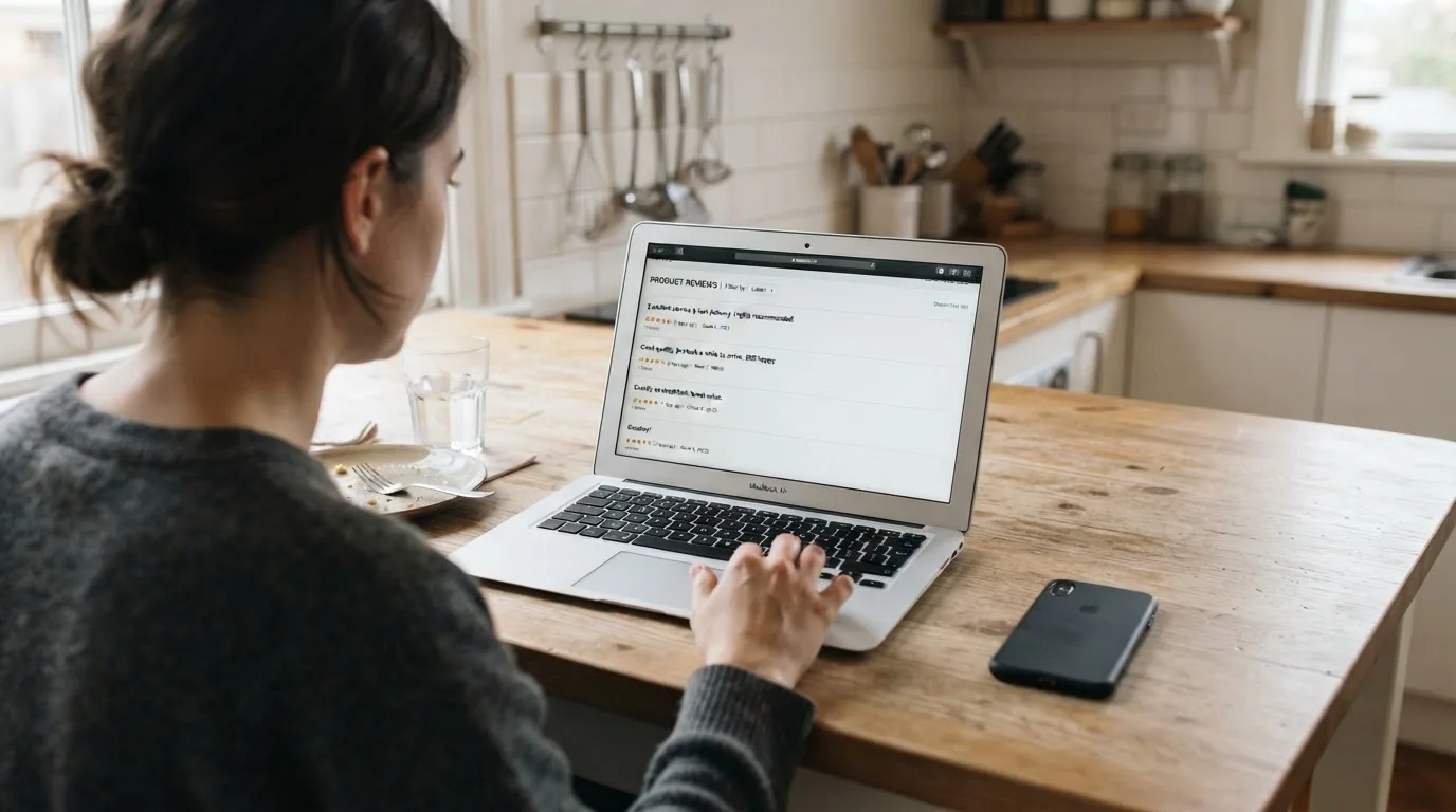 A person at a kitchen table scrolling through review pages on a laptop, phone face-down beside them.