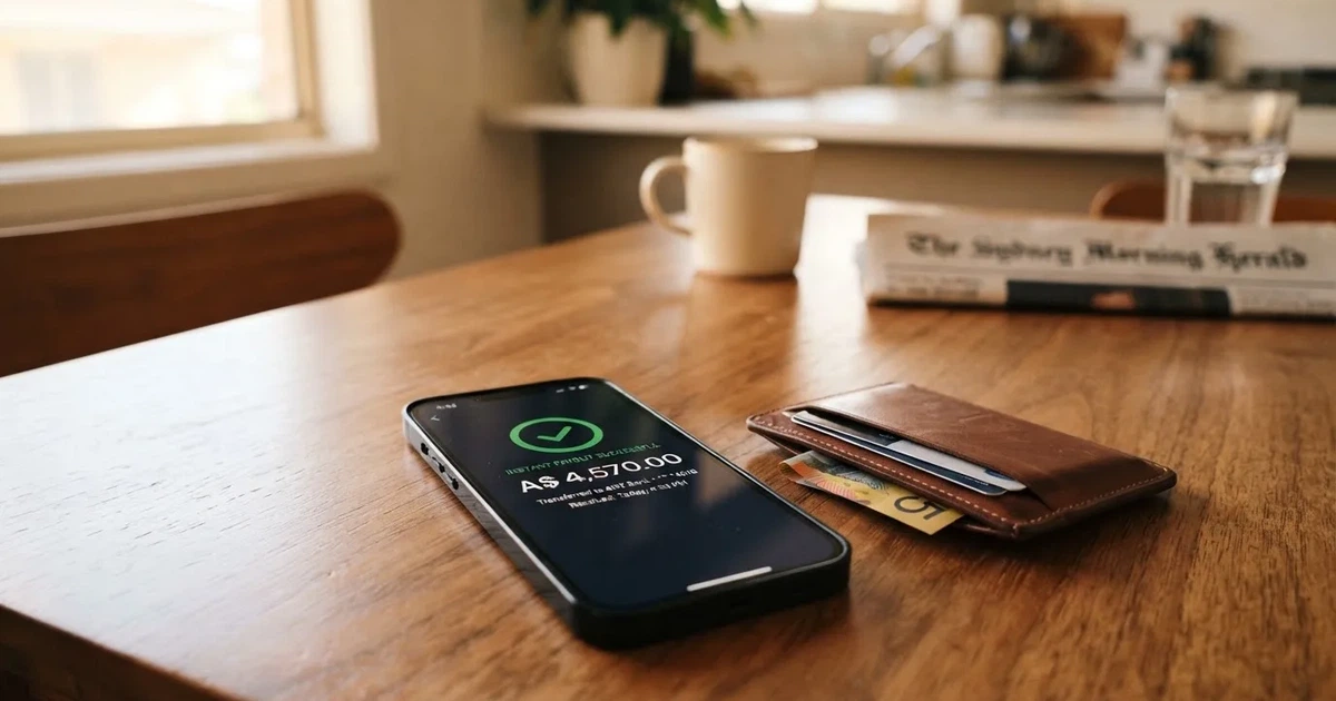 A phone screen showing a bank transfer confirmation, held next to a wallet on a table.