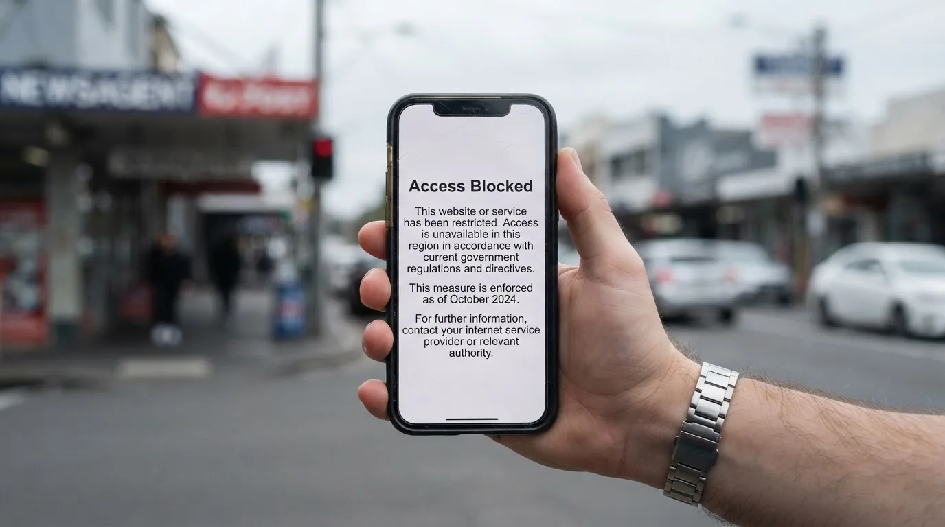A smartphone screen showing a plain government warning notice about a blocked website, held against a blurred background.