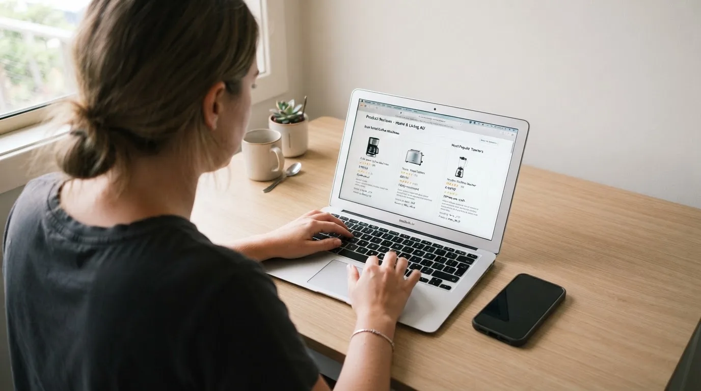 A person at a kitchen table scrolling through review pages on a laptop, phone face-down beside them.