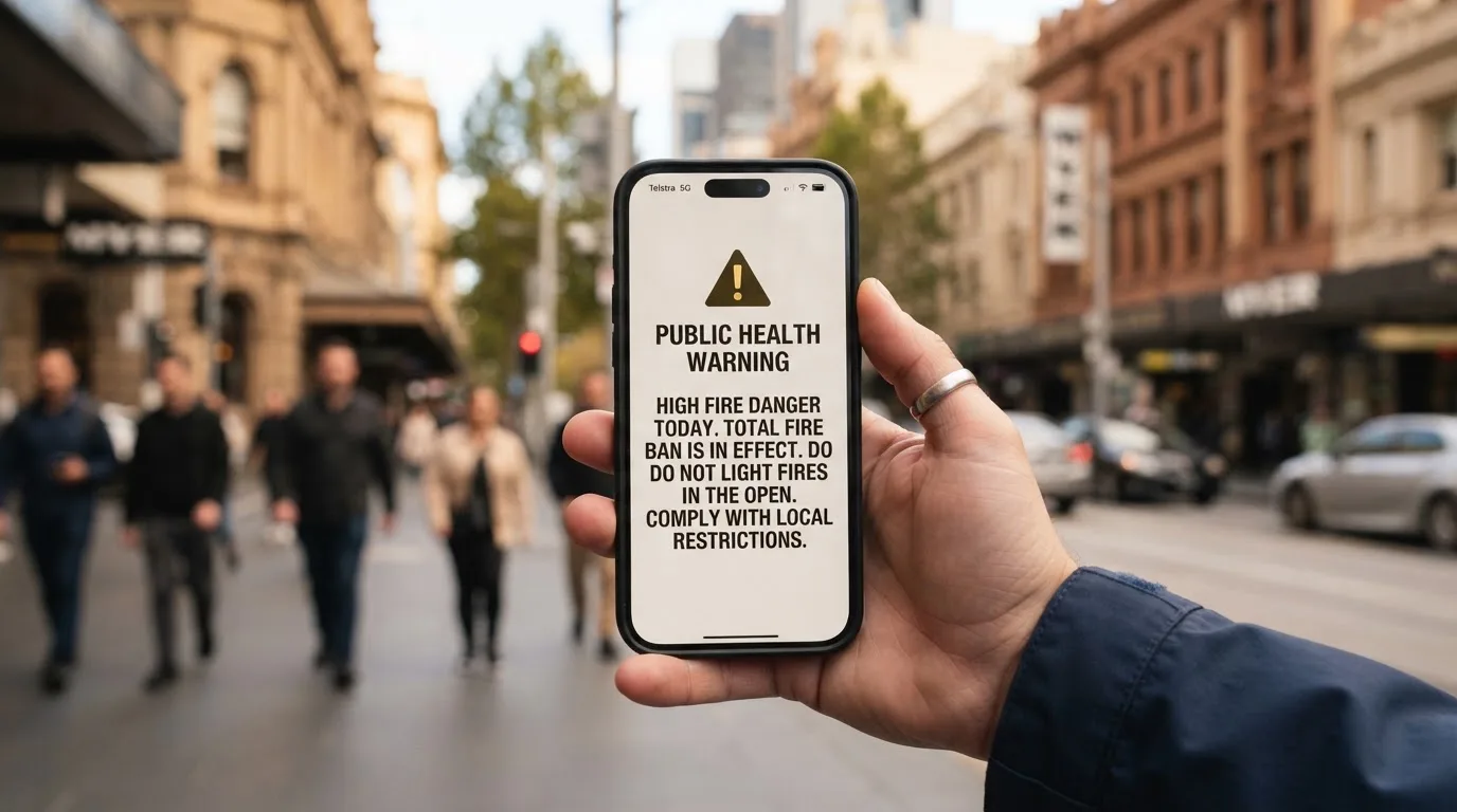 A smartphone screen showing a plain government warning notice about a blocked website, held against a blurred background.