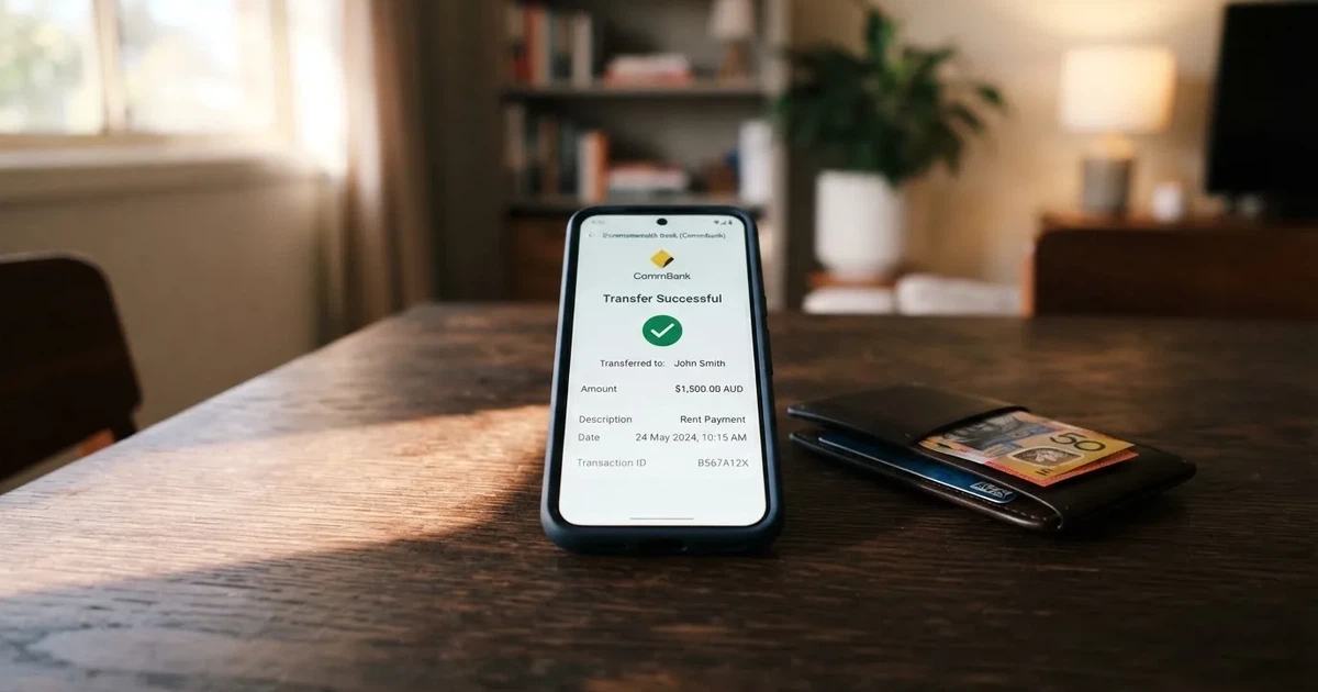 A phone screen showing a bank transfer confirmation, held next to a wallet on a table.