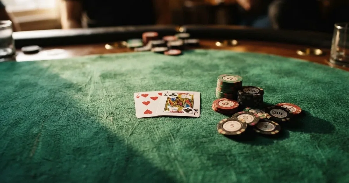 A close-up of a green felt gaming table with cards and chips mid-hand.