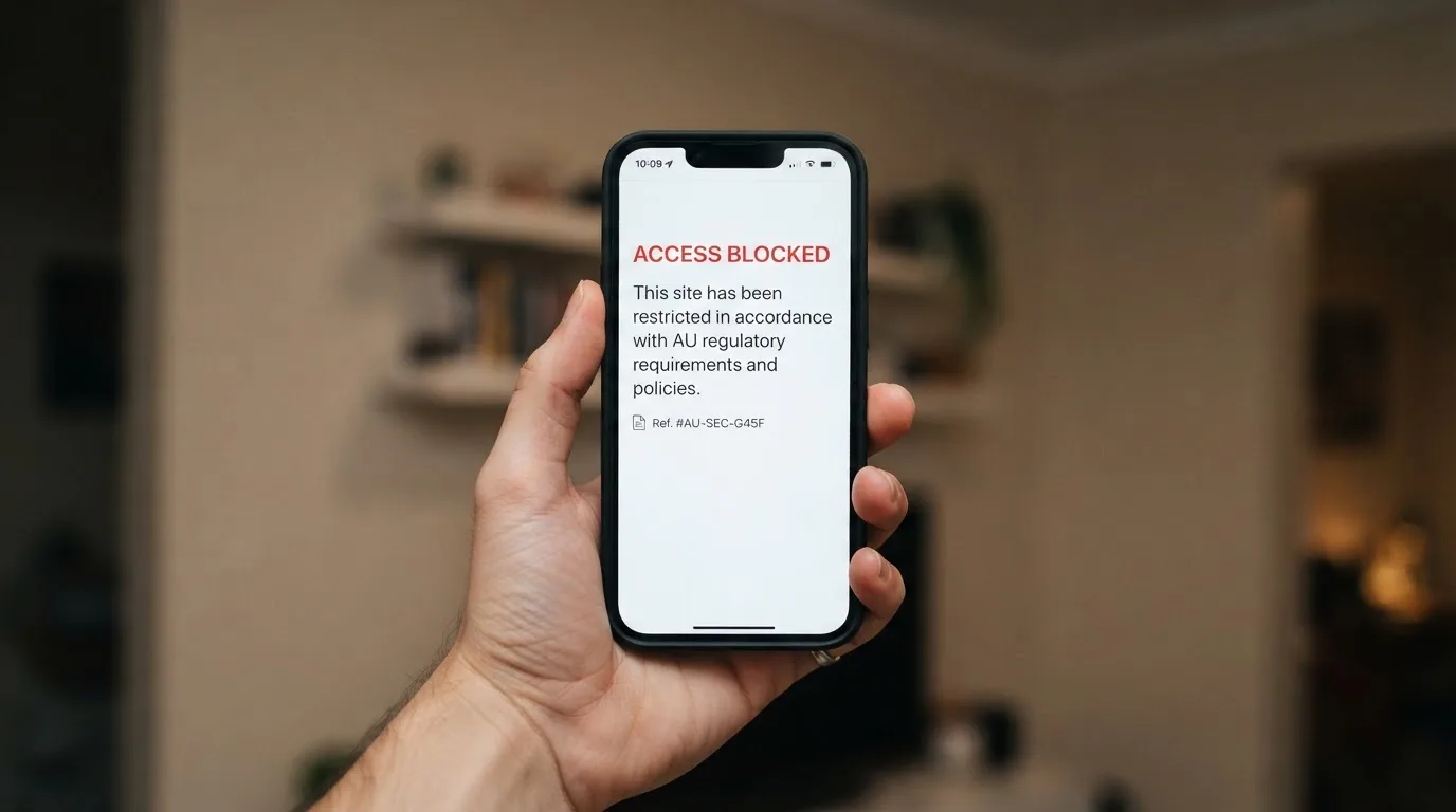 A smartphone screen showing a plain government warning notice about a blocked website, held against a blurred background.