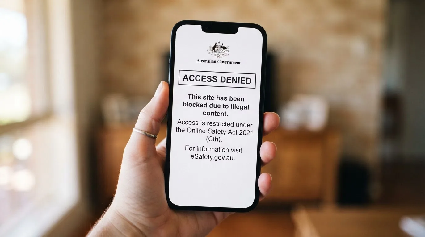 A smartphone screen showing a plain government warning notice about a blocked website, held against a blurred background.