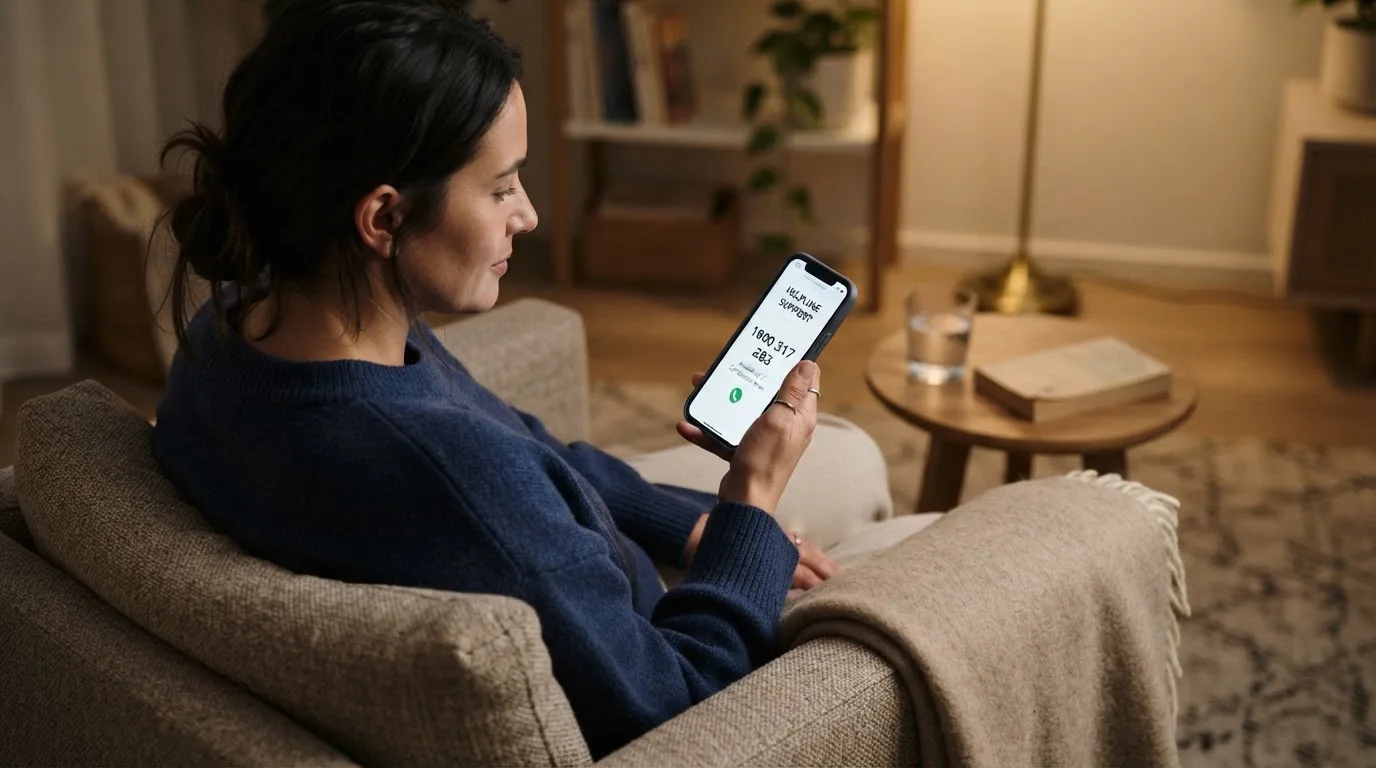 A person sitting calmly with a phone open to a support helpline page, no gaming screen visible.