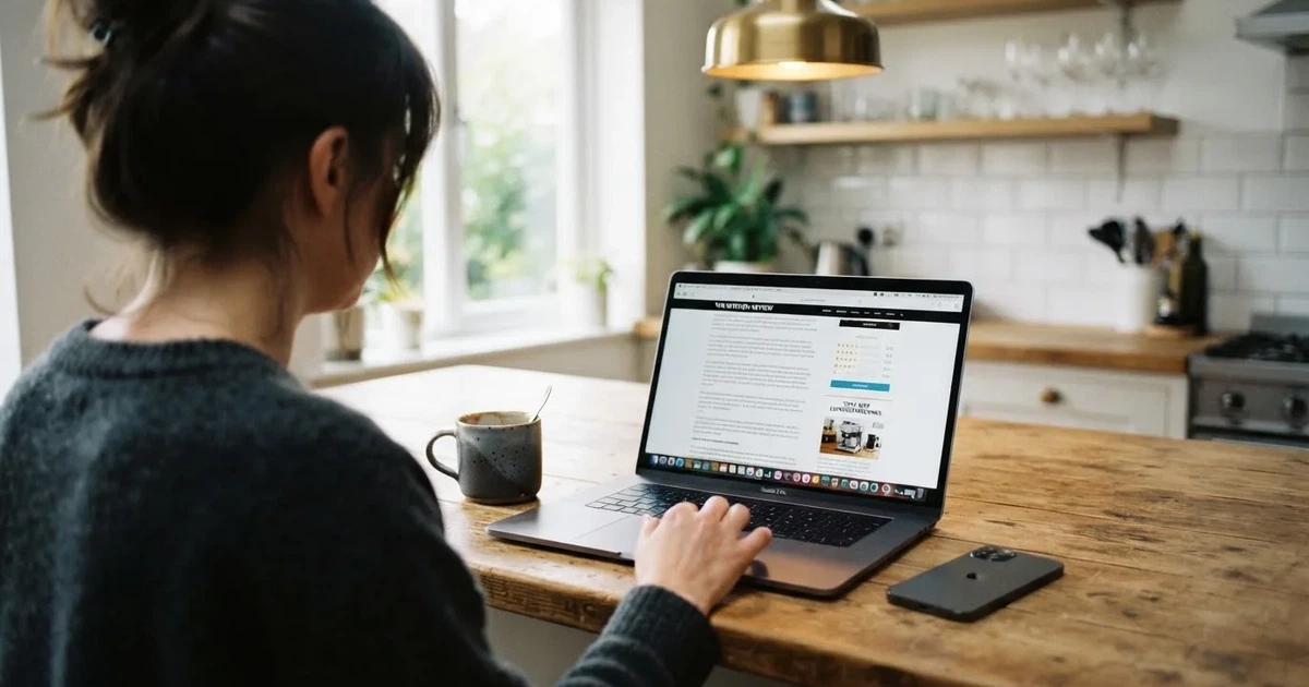 A person at a kitchen table scrolling through review pages on a laptop, phone face-down beside them.