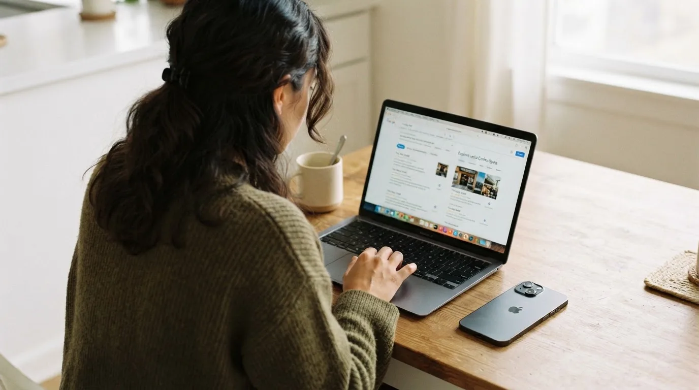 A person at a kitchen table scrolling through review pages on a laptop, phone face-down beside them.