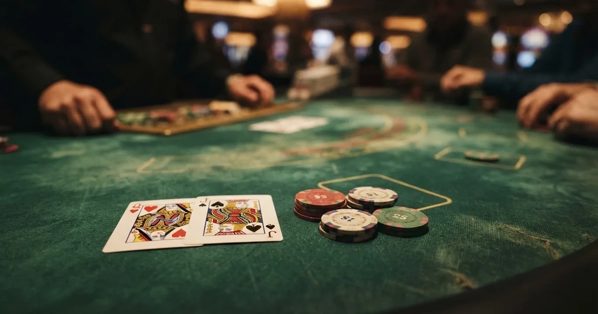 A close-up of a green felt gaming table with cards and chips mid-hand.