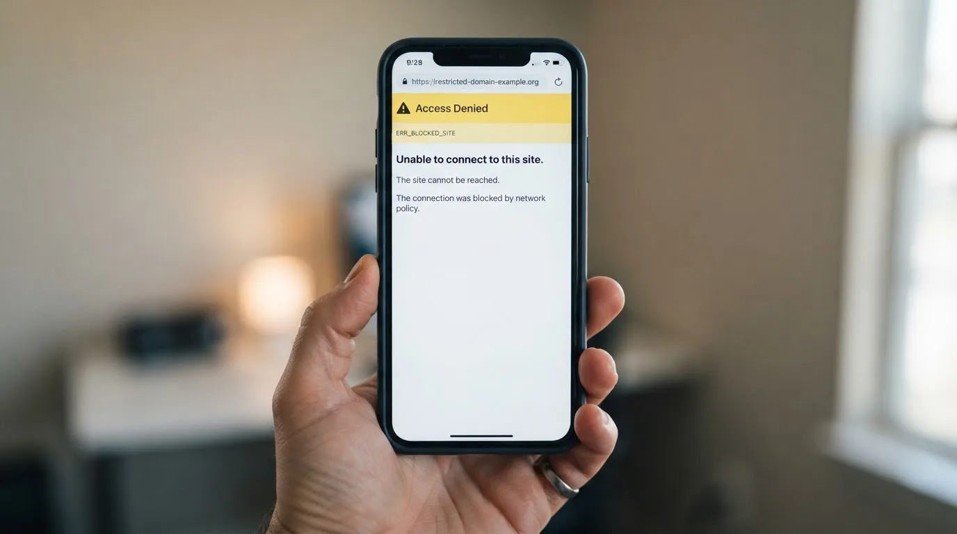 A smartphone screen showing a plain government warning notice about a blocked website, held against a blurred background.