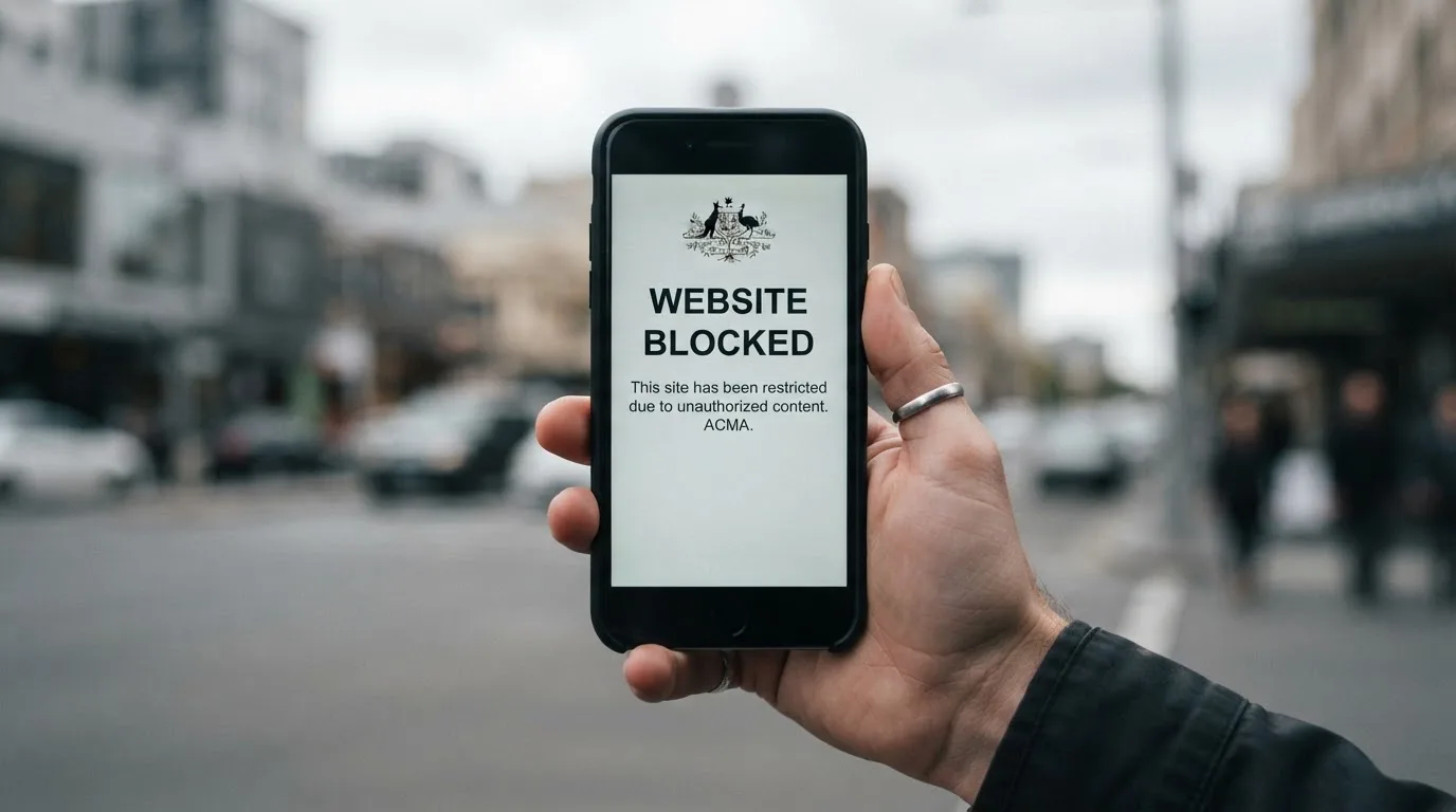 A smartphone screen showing a plain government warning notice about a blocked website, held against a blurred background.