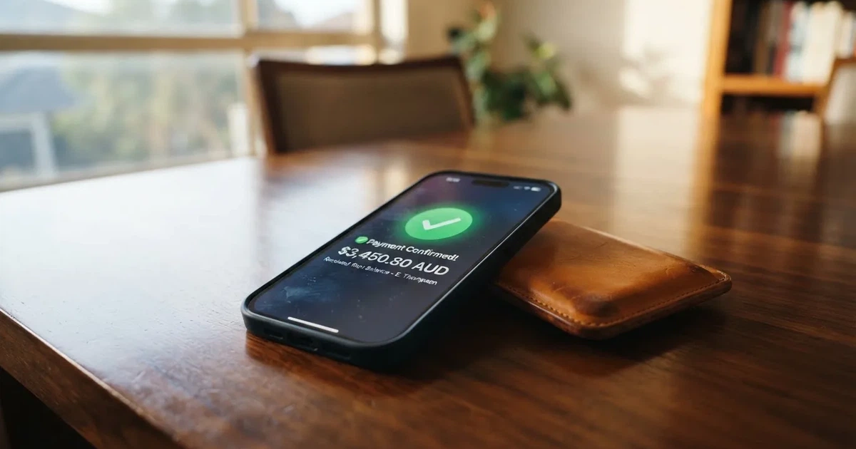 A phone screen showing a bank transfer confirmation, held next to a wallet on a table.