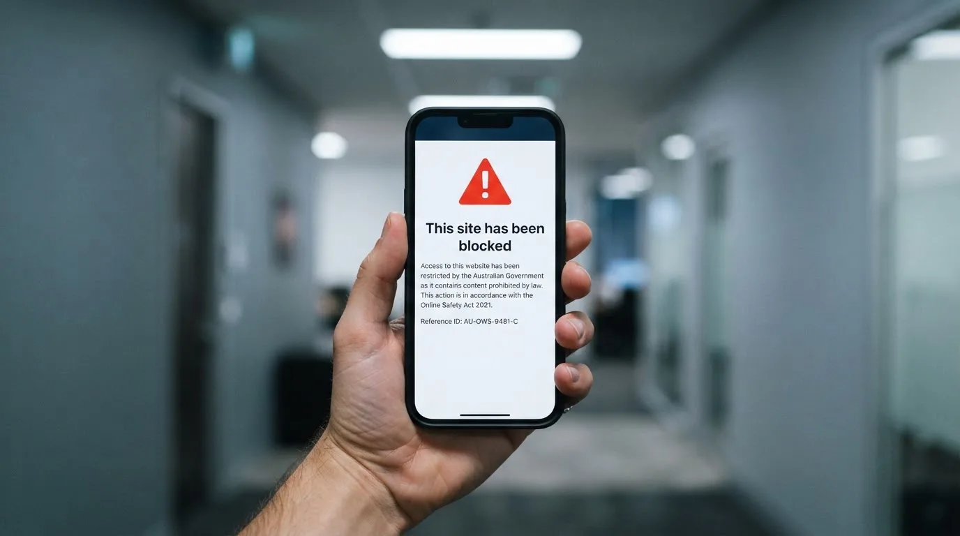 A smartphone screen showing a plain government warning notice about a blocked website, held against a blurred background.