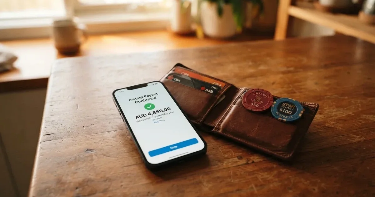 A phone screen showing a bank transfer confirmation, held next to a wallet on a table.