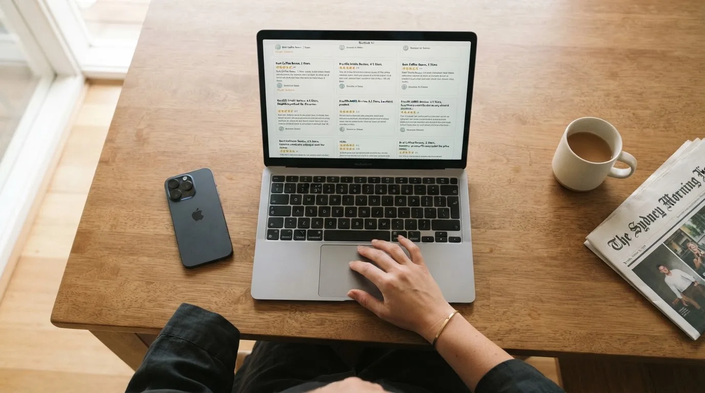 A person at a kitchen table scrolling through review pages on a laptop, phone face-down beside them.