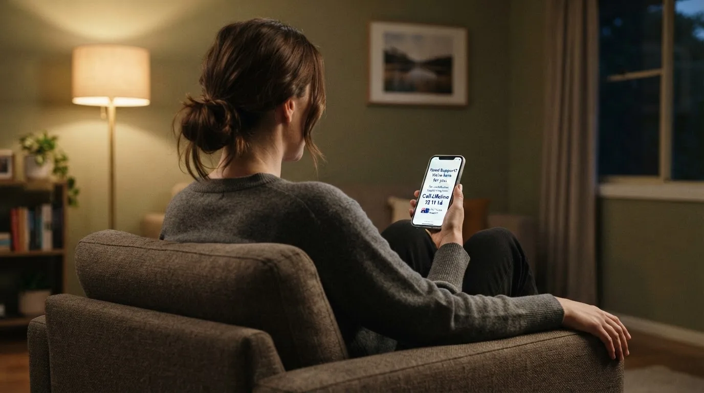 A person sitting calmly with a phone open to a support helpline page, no gaming screen visible.