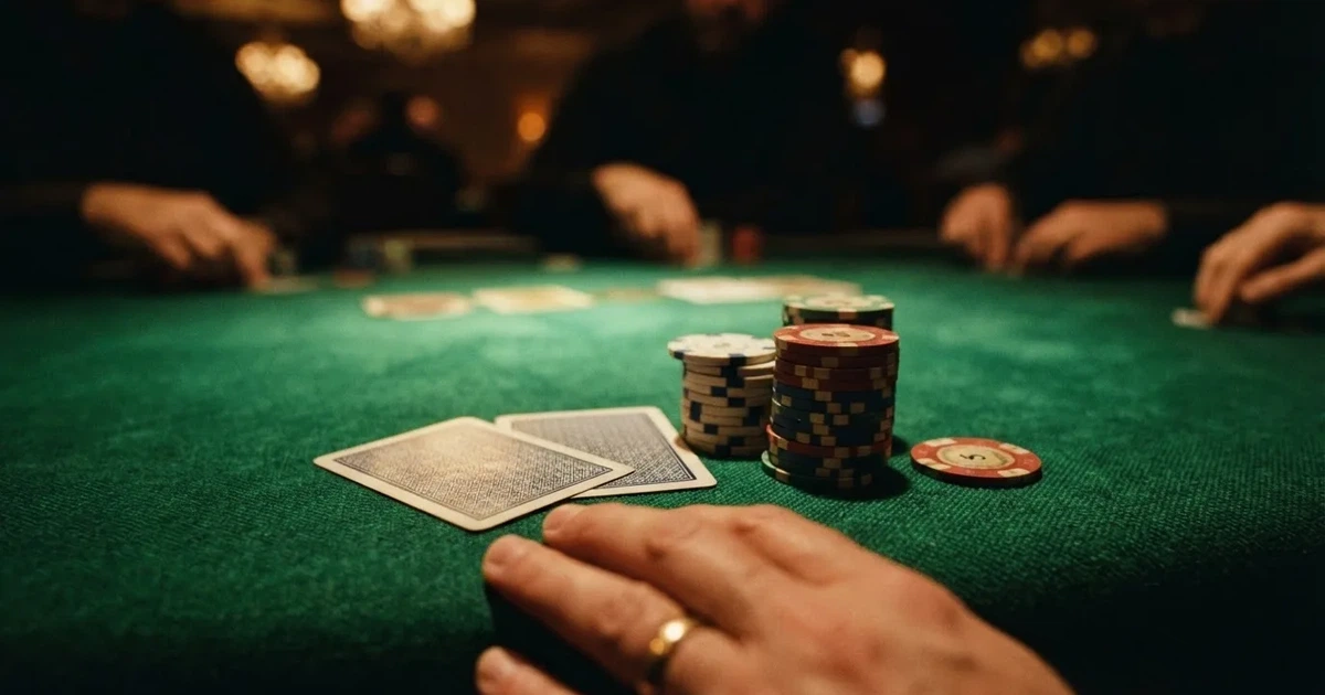 A close-up of a green felt gaming table with cards and chips mid-hand.