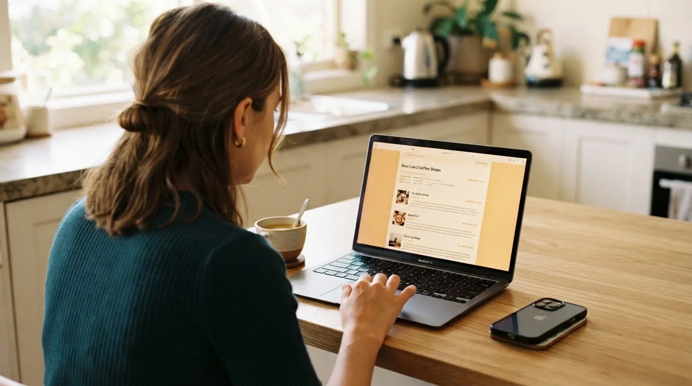 A person at a kitchen table scrolling through review pages on a laptop, phone face-down beside them.